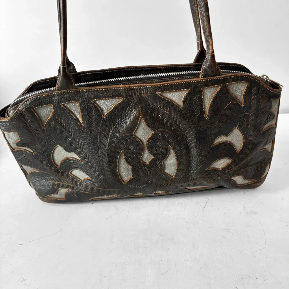 Leaders in Leather Western Tooled Shoulder Bag Dark Brown Floral Tote Handbag